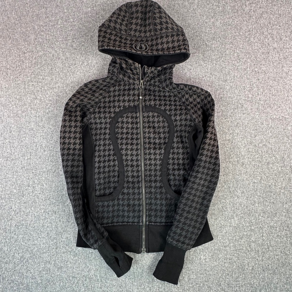 Lululemon Hoodie Women 6 Scuba Black Grey Houndstooth Full Zip Thumbholes